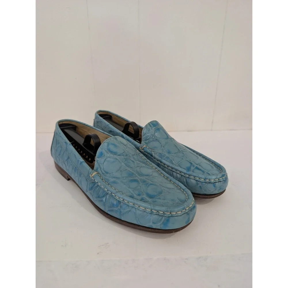 Positano Italy Light Blue Crocodile Embossed Leather Driving Loafers EU 40